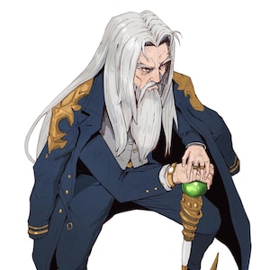 May include: Illustration of an elderly figure with long white hair and a matching beard, wearing a dark blue suit with gold accents. The figure leans on a staff with a green orb and a gold scythe-like blade.