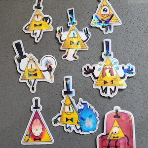 May include: A set of nine holographic stickers featuring a cartoon character with a yellow triangle head, one eye, and a bow tie. The character is in various poses, including waving, making a peace sign, and crying.