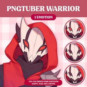 Puede incluir: Una ilustración digital de un personaje guerrero con una capa roja con capucha y una máscara blanca con ojos rojos. El personaje está mirando hacia la derecha. La imagen incluye el texto "PNGTUBER WARRIOR" y "1 EMOTION".