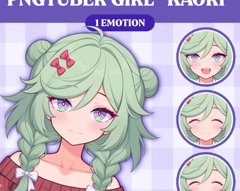 May include: A digital illustration of a young woman with green hair, wearing a red sweater with white polka dots and a white bow. The image includes three different expressions of the woman's face, showing a smile, closed eyes, and a happy expression.