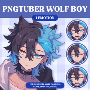 Peut inclure: Illustration num&eacute;rique d'un gar&ccedil;on loup aux cheveux bleus et noirs. Il a une expression s&eacute;rieuse et porte un collier noir avec un anneau argent&eacute;. L'image est intitul&eacute;e "PNGTUBER WOLF BOY" et "1 EMOTION".