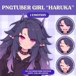 Peut inclure: Illustration num&eacute;rique d'une fille d'anime aux cheveux violets, des cornes et un collier noir. La fille porte un sweat-shirt noir avec un d&eacute;grad&eacute; violet. L'image comprend le texte "PNGTUBER GIRL "HARUKA" 1 EMOTION YOU CAN ORDER MORE EMOTIONS HAPPY, MAD, SHY, CRYING".