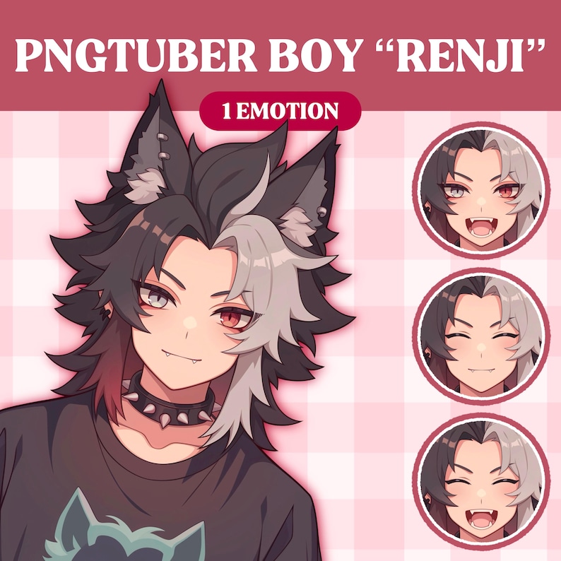 Peut inclure: Illustration num&eacute;rique d'un jeune avec des cheveux noirs et blancs, portant un t-shirt noir avec un motif de loup et un collier &agrave; clous argent&eacute;s. L'image comprend trois expressions faciales diff&eacute;rentes du personnage.