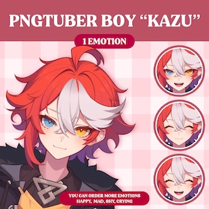 Peut inclure: Illustration num&eacute;rique d'un gar&ccedil;on de dessin anim&eacute; avec des cheveux roux et blancs, des yeux bleus et orange et une veste jaune et noire. L'image est intitul&eacute;e "PNGTUBER BOY "KAZU"" et "1 EMOTION". Le texte "YOU CAN ORDER MORE EMOTIONS HAPPY, MAD, SHY, CRYING" est en bas de l'image.