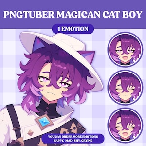 Peut inclure: Un gar&ccedil;on chat aux cheveux violets portant un chapeau blanc et une chemise blanche. Il a une expression espi&egrave;gle sur son visage. L'image est une illustration num&eacute;rique. Le texte "PNGTUBER MAGICAN CAT BOY" et "1 EMOTION" est en haut de l'image. Le texte "YOU CAN ORDER MORE EMOTIONS HAPPY, MAD, SHY, CRYING" est en bas de l'image.