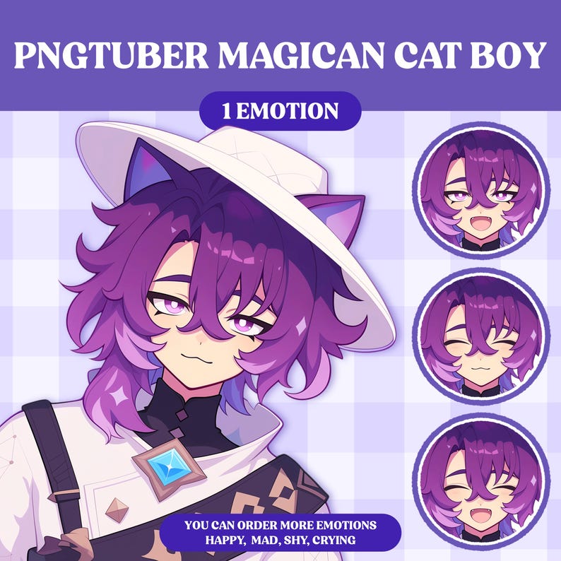 Peut inclure: Un gar&ccedil;on chat aux cheveux violets portant un chapeau blanc et une chemise blanche. Il a une expression espi&egrave;gle sur son visage. L'image est une illustration num&eacute;rique. Le texte "PNGTUBER MAGICAN CAT BOY" et "1 EMOTION" est en haut de l'image. Le texte "YOU CAN ORDER MORE EMOTIONS HAPPY, MAD, SHY, CRYING" est en bas de l'image.