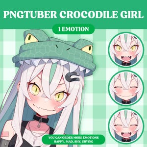 Peut inclure: Une illustration num&eacute;rique d'une fille de dessin anim&eacute; aux cheveux blancs portant un chapeau de crocodile vert. La fille sourit et a une expression espi&egrave;gle. L'image est sur un fond &agrave; carreaux vert et blanc. Le texte "PNGTUBER CROCODILE GIRL" et "1 EMOTION" est en haut de l'image. Le texte "YOU CAN ORDER MORE EMOTIONS HAPPY, MAD, SHY, CRYING" est en bas de l'image.