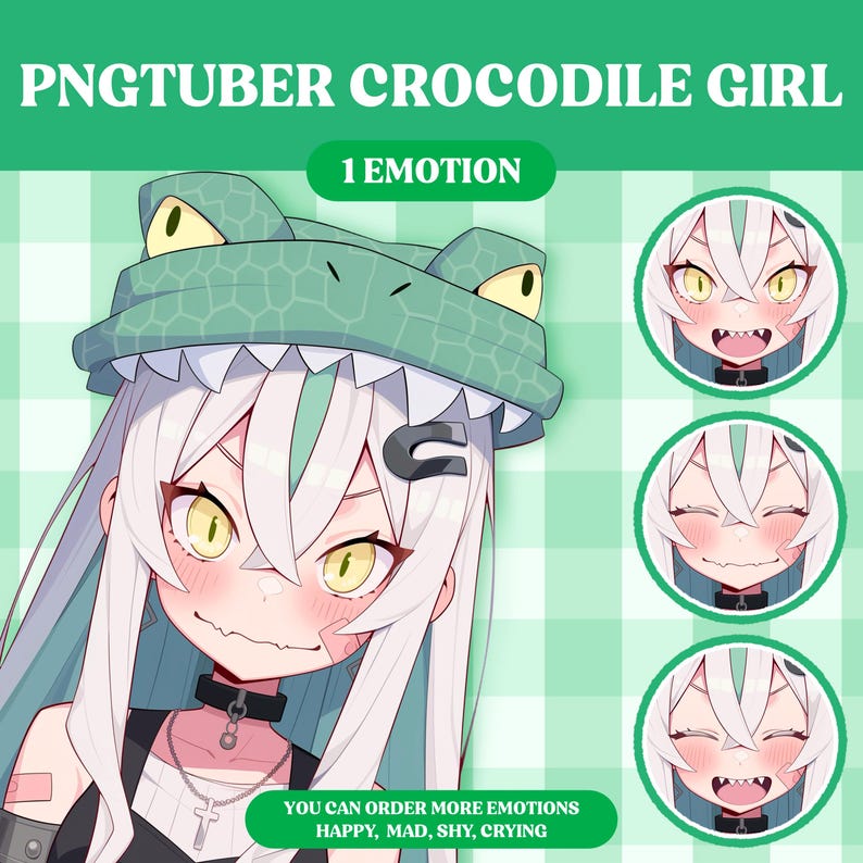 Peut inclure: Une illustration num&eacute;rique d'une fille de dessin anim&eacute; aux cheveux blancs portant un chapeau de crocodile vert. La fille sourit et a une expression espi&egrave;gle. L'image est sur un fond &agrave; carreaux vert et blanc. Le texte "PNGTUBER CROCODILE GIRL" et "1 EMOTION" est en haut de l'image. Le texte "YOU CAN ORDER MORE EMOTIONS HAPPY, MAD, SHY, CRYING" est en bas de l'image.