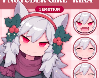 May include: A digital illustration of a white-haired anime girl with red eyes wearing a pink scarf and a holly wreath. The image includes the text "PNGTUBER GIRL "RIKA" 1 EMOTION".