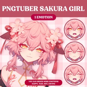 Peut inclure: Une illustration num&eacute;rique d'une fille d'anime aux cheveux roses avec des fleurs de cerisier dans les cheveux. L'image comprend quatre expressions diff&eacute;rentes du visage de la fille, y compris le bonheur, la surprise, les yeux ferm&eacute;s et le sourire. Le texte "PNGTUBER SAKURA GIRL" et "1 EMOTION" sont en haut de l'image. Le texte "YOU CAN ORDER MORE EMOTIONS HAPPY, MAD, SHY, CRYING" est en bas de l'image.