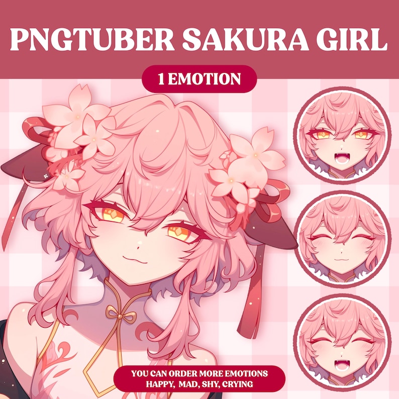 Peut inclure: Une illustration num&eacute;rique d'une fille d'anime aux cheveux roses avec des fleurs de cerisier dans les cheveux. L'image comprend quatre expressions diff&eacute;rentes du visage de la fille, y compris le bonheur, la surprise, les yeux ferm&eacute;s et le sourire. Le texte "PNGTUBER SAKURA GIRL" et "1 EMOTION" sont en haut de l'image. Le texte "YOU CAN ORDER MORE EMOTIONS HAPPY, MAD, SHY, CRYING" est en bas de l'image.