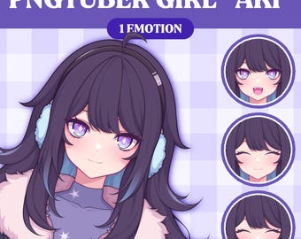 May include: A digital illustration of a girl with purple hair wearing a blue and white winter hat and a blue and white jacket. The image is labeled "PNGTUBER GIRL "AKI" 1 EMOTION".