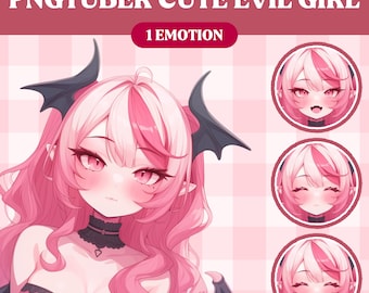 Puede incluir: Una ilustración digital de una linda chica de pelo rosa con orejas y alas de murciélago. Lleva un collar negro y un vestido rosa. La imagen está sobre un fondo a cuadros rosa y blanco. El texto "PNGTUBER CUTE EVIL GIRL" y "1 EMOTION" están en la parte superior de la imagen. El texto "YOU CAN ORDER MORE EMOTIONS HAPPY, MAD, SHY, CRYING" está en la parte inferior de la imagen.