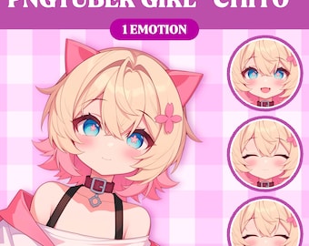 May include: A digital illustration of a PNGTuber girl named "Chiyo" with blonde hair, pink accents, and blue eyes. The image includes three different facial expressions and text that reads "1 Emotion" and "You can order more emotions: Happy, Mad, Shy, Crying."