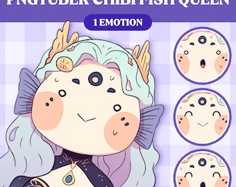 May include: A cartoon illustration of a fish queen with blue and white hair, wearing a gold crown and a black dress with gold accents. The image includes the text "PNGTUBER CHIBI FISH QUEEN" and "1 EMOTION".
