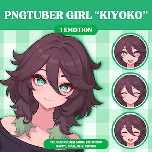 Puede incluir: Una ilustración digital de una chica de dibujos animados con ojos verdes y cabello largo y castaño. La imagen está etiquetada como "PNGTUBER GIRL "KIYOKO" 1 EMOTION". El texto "YOU CAN ORDER MORE EMOTIONS HAPPY, MAD, SHY, CRYING" está en la parte inferior de la imagen.