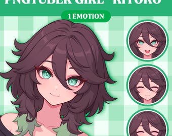Puede incluir: Una ilustración digital de una chica de dibujos animados con ojos verdes y cabello largo y castaño. La imagen está etiquetada como "PNGTUBER GIRL "KIYOKO" 1 EMOTION". El texto "YOU CAN ORDER MORE EMOTIONS HAPPY, MAD, SHY, CRYING" está en la parte inferior de la imagen.