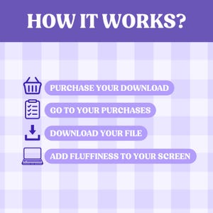 Peut inclure: Un fond &agrave; carreaux violets et blancs avec un graphique bleu montrant comment t&eacute;l&eacute;charger un produit num&eacute;rique. Les &eacute;tapes sont&nbsp;: acheter votre t&eacute;l&eacute;chargement, acc&eacute;der &agrave; vos achats, t&eacute;l&eacute;charger votre fichier et ajouter de la douceur &agrave; votre &eacute;cran.