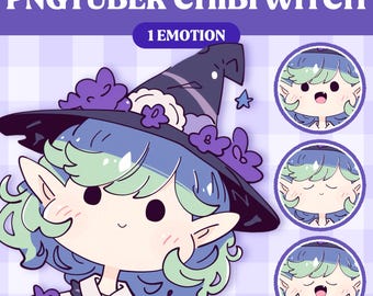 May include: A cartoon illustration of a witch with blue and green hair wearing a black witch hat with purple flowers. The witch has large eyes and a small mouth. The text "PNGTUBER CHIBI WITCH" and "1 EMOTION" is at the top of the image. The text "YOU CAN ORDER MORE EMOTIONS HAPPY, MAD, SHY, CRYING" is at the bottom of the image.