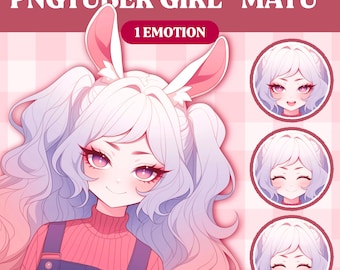 May include: A digital illustration of a cartoon girl with pink bunny ears, long purple hair, and a pink sweater and blue overalls. The image includes the text "PNGTUBER GIRL "MAYU" 1 EMOTION".