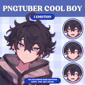 May include: A digital illustration of a young person with dark purple hair and purple eyes. The person is wearing a dark grey hooded jacket. The image includes the text "PNGTUBER COOL BOY" and "1 EMOTION".