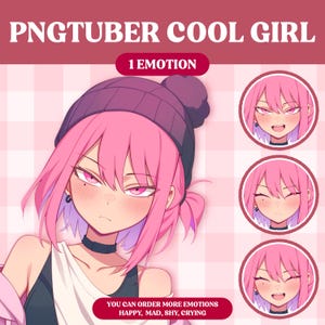 Peut inclure: Illustration num&eacute;rique d'une fille aux cheveux roses portant un bonnet violet et un collier noir. La fille a une expression s&eacute;rieuse. L'image comprend le texte "PNGTUBER COOL GIRL" et "1 EMOTION".