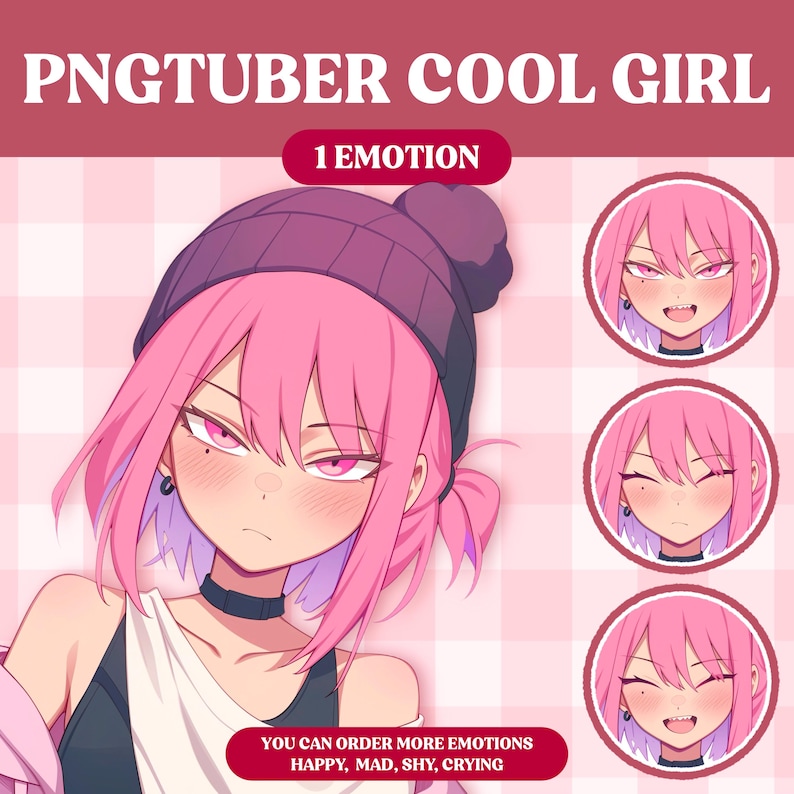 Peut inclure: Illustration num&eacute;rique d'une fille aux cheveux roses portant un bonnet violet et un collier noir. La fille a une expression s&eacute;rieuse. L'image comprend le texte "PNGTUBER COOL GIRL" et "1 EMOTION".