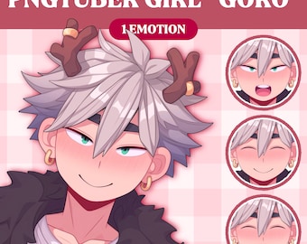 May include: A digital illustration of a cartoon character with white hair, wearing a brown and white reindeer headband, a black and white fur collar, and a white shirt. The character has a pink blush on their cheeks and is smiling. The image includes the text "PNGTUBER GIRL "GORO" 1-EMOTION".