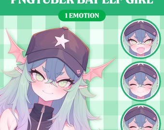 May include: Digital illustration of a PNGTuber Bat Elf Girl with blue hair, bat wings, and a black cap with a white star. The image includes three additional facial expressions and text that reads "YOU CAN ORDER MORE EMOTIONS HAPPY, MAD, SHY, CRYING."