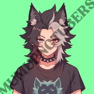 Peut inclure: Illustration num&eacute;rique d'une personne avec des oreilles de loup et une coiffure noire et blanche. Elle porte un t-shirt noir avec un motif de loup et un collier &agrave; clous.