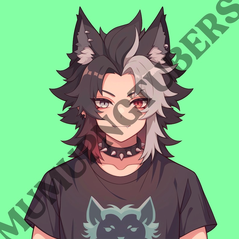 Peut inclure: Illustration num&eacute;rique d'une personne avec des oreilles de loup et une coiffure noire et blanche. Elle porte un t-shirt noir avec un motif de loup et un collier &agrave; clous.