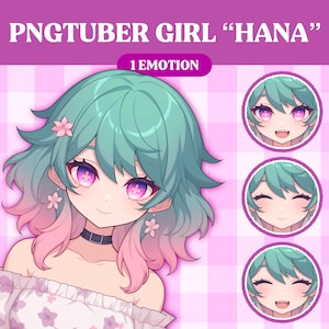 May include: A digital illustration of a girl with pink and green hair. She has pink eyes and is wearing a white shirt with pink flowers. The text "PNGTUBER GIRL "HANA" 1 EMOTION" is at the top of the image.