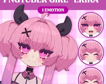 May include: A digital illustration of a pink-haired anime girl with devil horns and a black choker. The girl is smiling and has pink eyes. The image is titled "PNGTUBER GIRL "ERIKA"" and says "1 EMOTION". The text "YOU CAN ORDER MORE EMOTIONS HAPPY, MAD, SHY, CRYING" is at the bottom of the image.