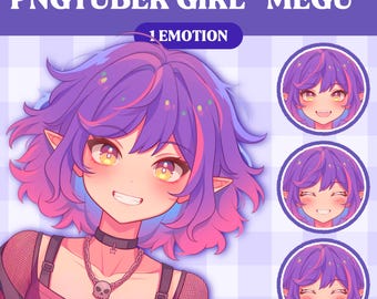 May include: Illustration of a PNGTuber girl named "MEGU" with purple hair and pink highlights. The image includes three circular portraits of the character with different expressions. The character is wearing a choker necklace with a skull pendant.
