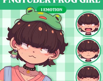 May include: A cartoon illustration of a girl with brown hair wearing a green frog eye mask and a pink shirt. She has a frog charm on her ear and a black choker necklace. The image is set against a green and white checkered background. The text "PNGTUBER FROG GIRL" and "1 EMOTION" is at the top of the image. The text "YOU CAN ORDER MORE EMOTIONS HAPPY, MAD, SHY, CRYING" is at the bottom of the image.