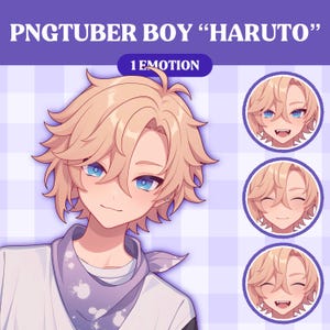 May include: A digital illustration of a young boy with blond hair and blue eyes. He is wearing a white shirt with a purple bandana. The image is titled "PNGTuber Boy "HARUTO" 1 EMOTION".