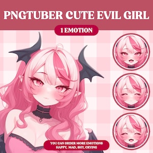Peut inclure: Une illustration num&eacute;rique d'une fille mignonne aux cheveux roses avec des oreilles et des ailes de chauve-souris. Elle porte un collier noir et une robe rose. L'image est sur un fond &agrave; carreaux rose et blanc. Le texte "PNGTUBER CUTE EVIL GIRL" et "1 EMOTION" sont en haut de l'image. Le texte "YOU CAN ORDER MORE EMOTIONS HAPPY, MAD, SHY, CRYING" est en bas de l'image.