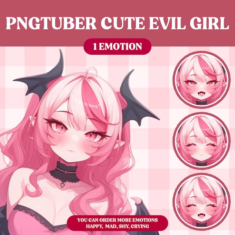 Peut inclure: Une illustration num&eacute;rique d'une fille mignonne aux cheveux roses avec des oreilles et des ailes de chauve-souris. Elle porte un collier noir et une robe rose. L'image est sur un fond &agrave; carreaux rose et blanc. Le texte "PNGTUBER CUTE EVIL GIRL" et "1 EMOTION" sont en haut de l'image. Le texte "YOU CAN ORDER MORE EMOTIONS HAPPY, MAD, SHY, CRYING" est en bas de l'image.