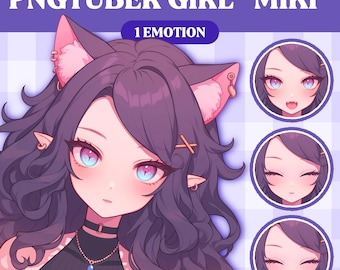 Puede incluir: Ilustración digital de una chica PNGTuber llamada "Miki" con orejas de gato, que presenta múltiples expresiones faciales. El personaje tiene cabello morado, ojos azules y rosas, y usa una blusa negra con gargantilla y collar.