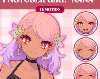 May include: A digital illustration of a cartoon girl with pink and purple hair, brown skin, and green leaves in her hair. She is wearing a black tank top and a green jacket. The image includes the text "PNGTUBER GIRL "NANA" 1 EMOTION".