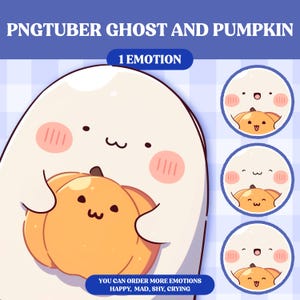 Puede incluir: Un fantasma blanco sosteniendo una calabaza naranja brillante. El fantasma tiene una cara linda de dibujos animados con mejillas rosadas y una pequeña sonrisa. La calabaza tiene una pequeña cara amigable con la boca cerrada y dos ojos pequeños. El texto "1 EMOTION" está por encima del fantasma y la calabaza. El texto "YOU CAN ORDER MORE EMOTIONS HAPPY, MAD, SHY, CRYING" está debajo del fantasma y la calabaza.