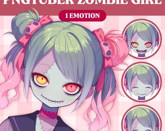 May include: A digital illustration of a green-skinned zombie girl with pink hair in pigtails. She is wearing a black and white school uniform and has stitches on her face. The image includes the text "PNGTUBER ZOMBIE GIRL" and "1 EMOTION".