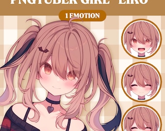 May include: A digital illustration of a cartoon girl with pink hair and a red and black striped shirt. The girl has a happy expression and is wearing a black choker with a heart pendant. The image includes the text "PNGTUBER GIRL "EIKO"" and "1 EMOTION".