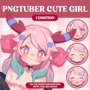 Può includere: Una ragazza dei cartoni animati rosa e blu con occhi grandi e un fiocco rosa. L'immagine include il testo "PNGTUBER CUTE GIRL" e "1 EMOTION".