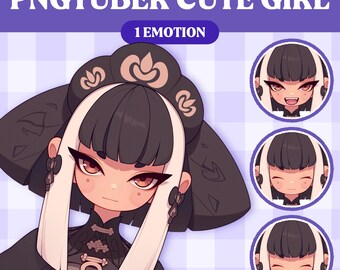 May include: A digital illustration of a cute cartoon girl with black hair, white hair accents, and a black and white outfit. The girl is smiling and has a happy expression. The image includes the text "PNGTUBER CUTE GIRL" and "1 EMOTION".