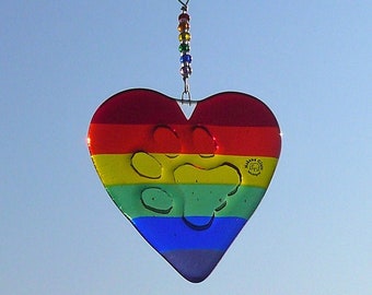 Large Rainbow Paw Heart Handmade Fused Glass
