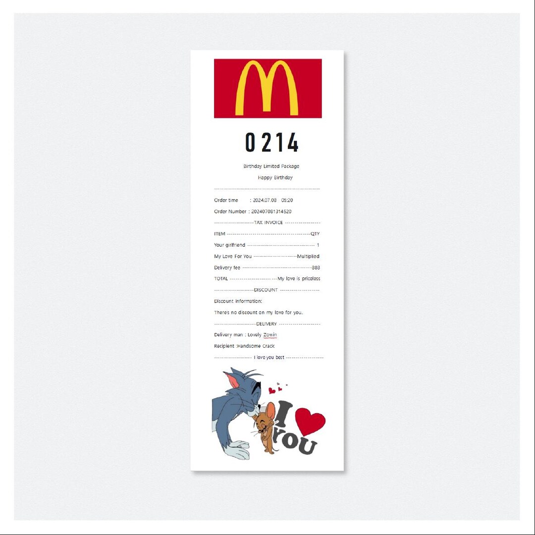 Mcdonald's Funny Birthday Receipt Template,love Greeting Card Printable ...