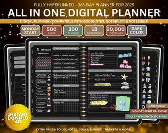 2025 All-in-One Dark Digital Planner: Monday Start, Stickers (Goodnotes, Notability)