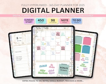 May include: A digital planner for 2025 with 450 pages, 98 stickers, and extra pages for to-do lists, notes, goals, budgets, trackers, and more. The planner is compatible with Goodnotes, Notability, and Noteshelf.