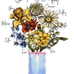 Birth Flower Family Bouquet, Birth Month Flower Art Custom, Hand Drawn Art, Birth Month Flower Print, Personalized Gift, Digital Download
